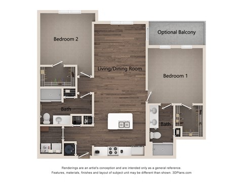 Floor plan for 2 beds, 2 baths, 1120 sqft